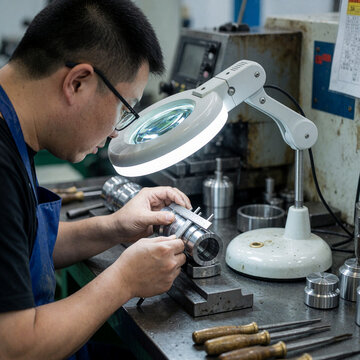 Precision engineer inspecting metal parts with magnifying lamp and caliper in workshop