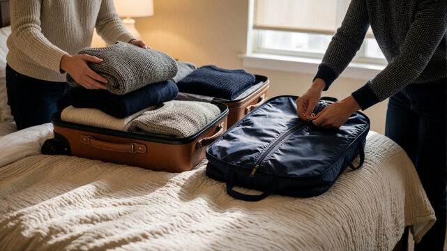 Couple packing suitcases on bed for a winter vacation trip