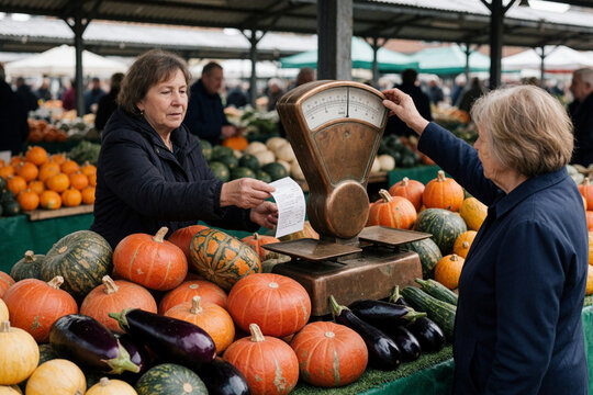 Senior women shopping at a farmers market weighing pumpkins and vegetables on a vintage scale