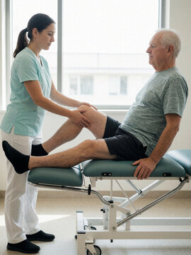 Female physiotherapist examining knee of elderly male patient on examination table