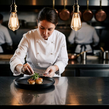 Female chef plating scallops in a professional restaurant kitchen