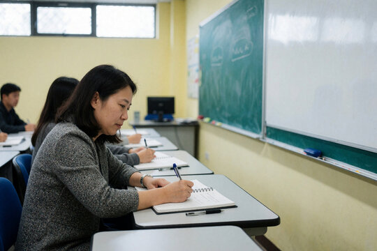Asian adult student taking notes in a classroom during a lecture