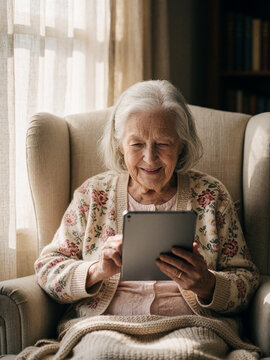 Happy elderly senior woman using tablet computer sitting in armchair at home