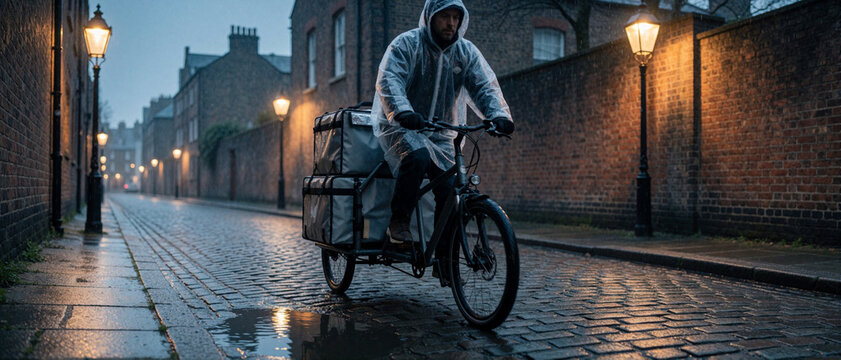 Delivery courier riding cargo bike in rain at dusk