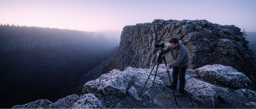 Photographer setting up camera on tripod on rocky mountain landscape at dawn