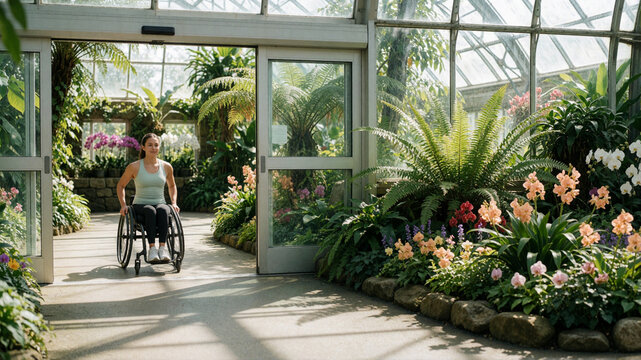 Woman in wheelchair enjoying a sunny day in a botanical greenhouse garden