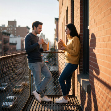 Couple eating takeout food on a fire escape balcony in the city