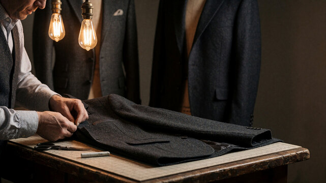Master tailor inspecting and measuring a custom suit jacket in a workshop with vintage lighting