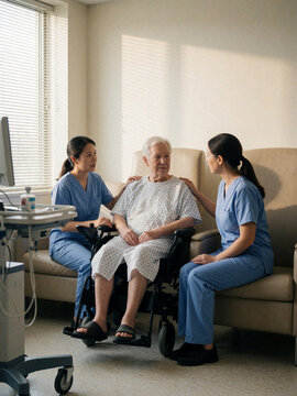 Elderly male patient in wheelchair with two female nurses in hospital room