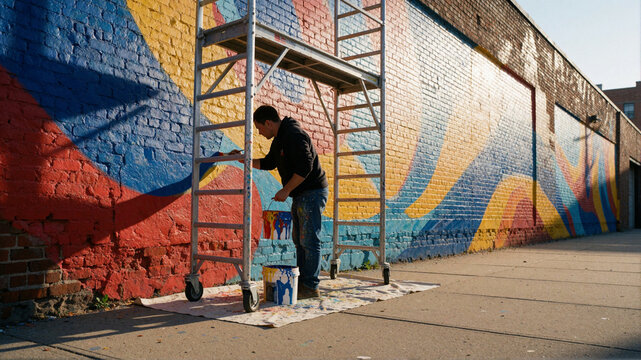 Artist painting a colorful mural on a brick wall with scaffolding