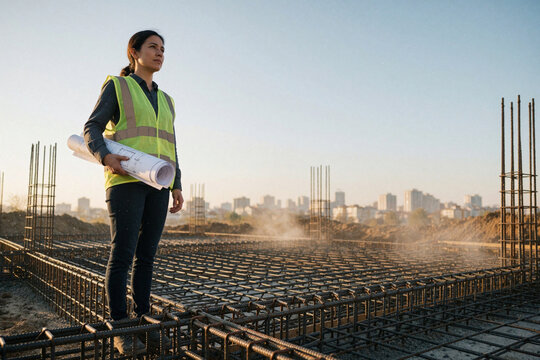 Female construction engineer or architect in high-visibility vest holding blueprints at a construction site with rebar grid and city skyline in the background