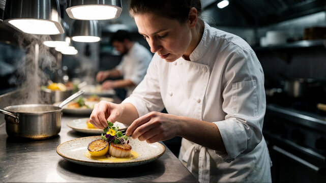 Female chef plating a gourmet scallop dish in a professional restaurant kitchen