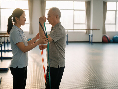 Physical therapist assisting elderly man with resistance band exercises in rehabilitation center
