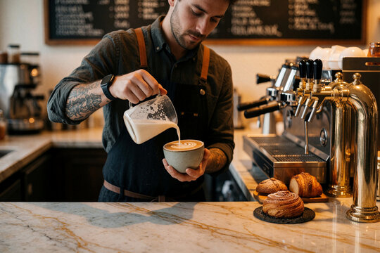 Barista pouring latte art in a coffee shop