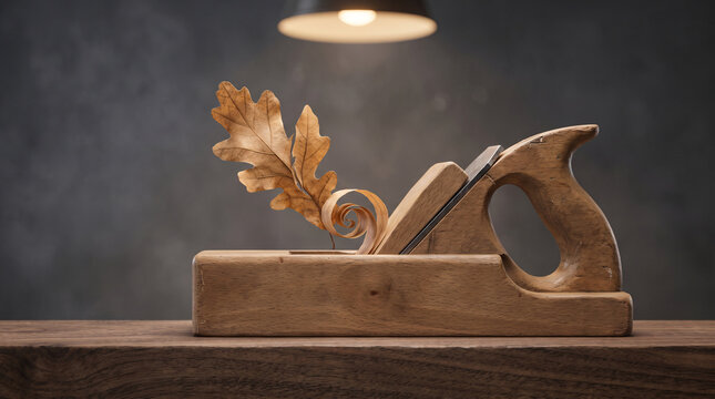 Simple carpenters plane in muted saffron 
tone gliding across wooden surface against 
smoky graphite background with wood shaving 
curling upward taking the perfect shape of real tree leaves