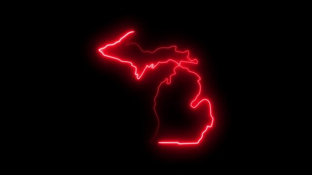 Neon Glowing red neon outline map of michigan state isolated on black background 4K video motion