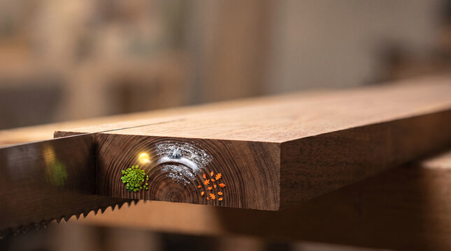 Simple wooden plank in deep chestnut walnut 
tone being sawed through with subtle 
miniature scenes visible at the cut point 
representing different seasons the tree experienced within its growth ring