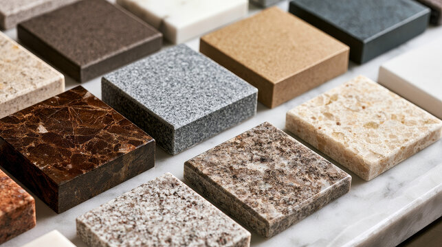 Natural Granite Marble and Quartz Countertop Samples on White Carrara Marble
