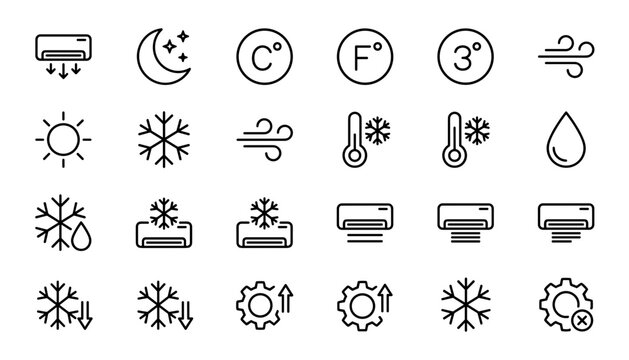 Air conditioning and climate control icons set vector illustration featuring cooling ventilation snowflake temperature wind smart home elements isolated on white background