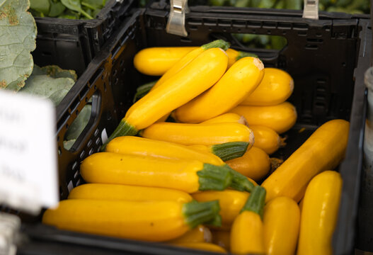 Yellow zucchini in a crate at a market stall. Raw food, vegetables, harvest, produce, agriculture, healthy eating.
