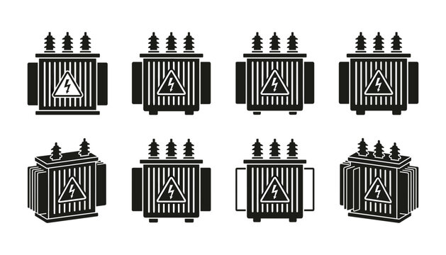 Electrical power transformer icons set vector illustration featuring high voltage substation distribution equipment energy lightning warning silhouettes isolated on white background