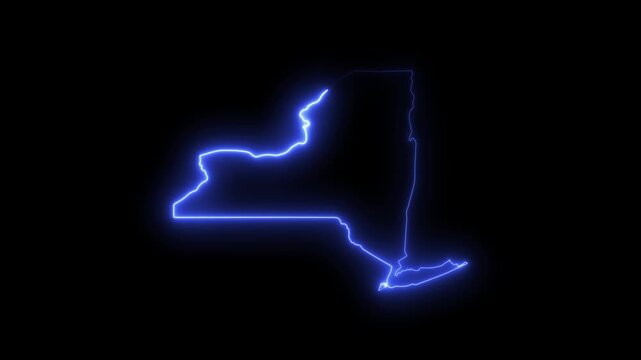 Neon New york state map outline with glowing neon blue light effect on black background 4K video motion