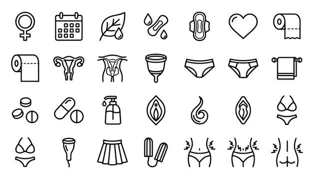 Menstruation and female hygiene icons set vector illustration featuring period cycle tampons pads menstrual cup reproductive system symbols isolated on white background