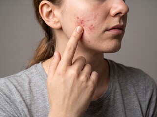 Naklejka premium Close-up studio portrait of a concerned young woman pointing her finger at red healing scars and scratch marks on her cheek, highlighting skin damage, dermatological issues, and facial wound care.