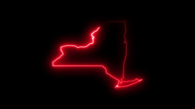 Neon New york state map outline with glowing red neon effect on black background 4K video motion