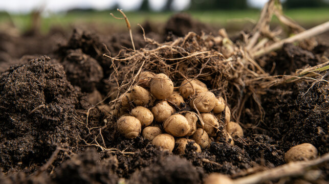 Fresh tiger nuts exposed with tangled roots in rich dark soil during harvest in an agricultural field