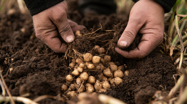 Fresh tiger nuts exposed in dark fertile soil as farmer hands carefully harvest the small edible tubers and tangled roots