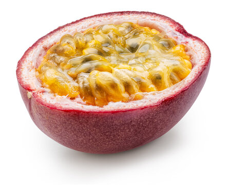 Half of passion fruit showing juicy pulp and seeds, isolated on white background with clipping path.