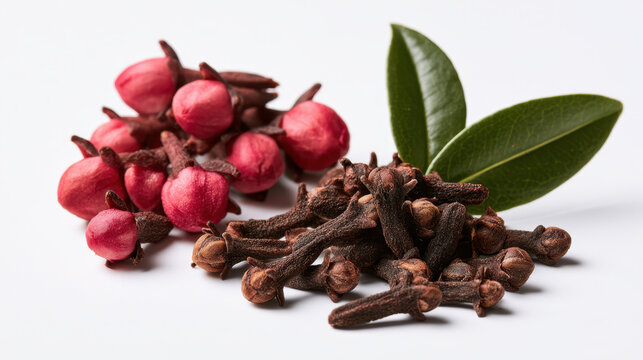 Fresh pink clove buds transitioning into dried brown cloves with green leaves isolated on a clean white background