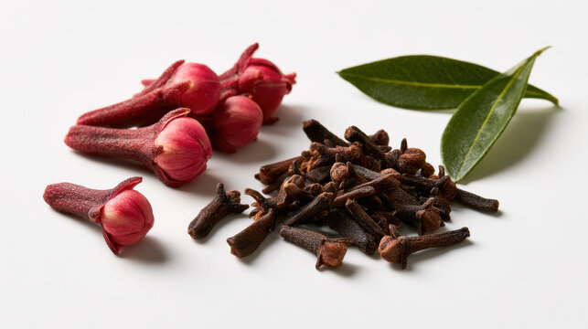 Fresh red clove flower buds beside dried aromatic cloves and green leaves arranged on a bright white background