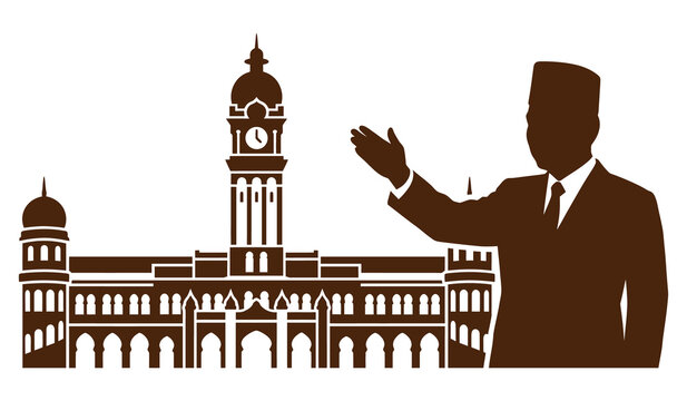 Sultan abdul samad building silhouette with malaysian leader figure waving hand for national merdeka independence day design