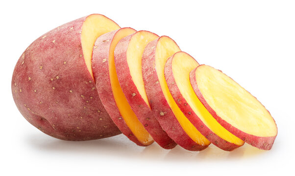 A row of raw red potato slices isolated on a white background. Clipping path. Organic food