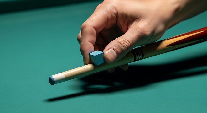 Pool player's hand applies blue chalk to a cue stick tip on a green felt pool table