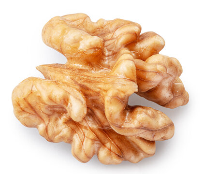 Half of peeled walnut isolated on white background, maximum sharpness achieved by stack photography method, clipping path.