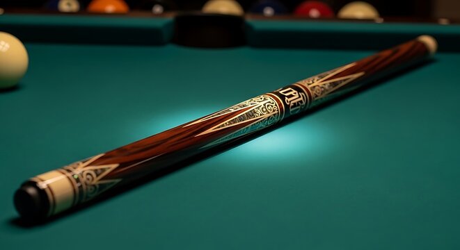 Close up of ornate wooden pool cue resting on a green felt billiard table