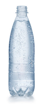 Full transparent plastic bottle of pure mineral water covered in fresh condensation drops, isolated on a white background.