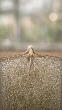 Botanical Root Timelapse Cinematic Background Showing Plant Growth Underground Through Textured Soil, Delicate Rootlet Development, Germinating Seed, Soft Natural Light, Serene Scientific Study