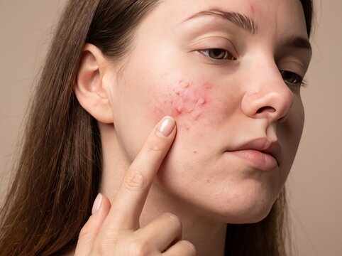 Close-up portrait of a concerned young woman pointing at red acne blemishes and skin inflammation on her cheek, showing dermatological issues, pimples, and rosacea on a neutral studio background.