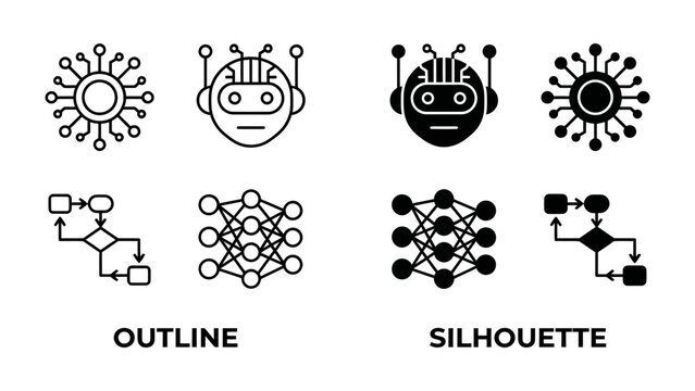 AI Technology Icons: A set of stylized icons representing artificial intelligence, including a robotic head, neural network, and circuit design, presented in both outline and silhouette forms.