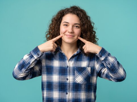 Happy young woman with curly hair pointing fingers at her cheeks and smiling gently, wearing a blue plaid flannel shirt against a solid turquoise background, expressing positivity and playful charm