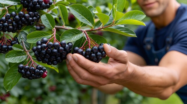 Farmer harvesting fresh aronia berries in garden