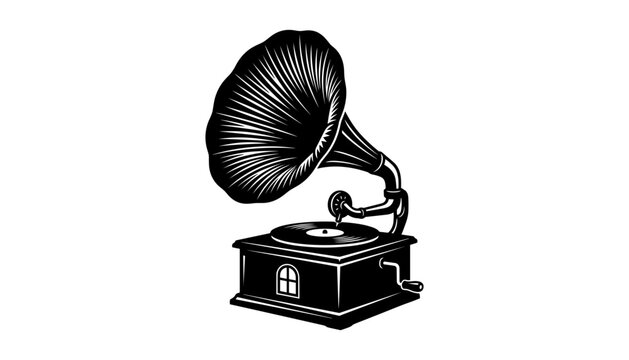 Gramophone music box vector graphic featuring solid black silhouette body fluted speaker horn and needle arm