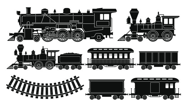 Old steam locomotive train silhouettes collection including passenger carriages freight boxcars tracks and railway equipment shapes