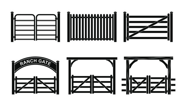 Wooden ranch gate vector icon set featuring rural picket fence entryways farm barriers and archway property entrances