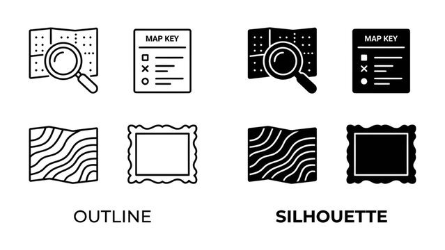 Map Key Icons: A set of graphic icons featuring a map key, magnifying glass, and patterned squares, presented in both outline and silhouette styles.