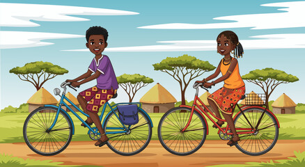 Illustration of an African Boy and Girl Riding Bicycles on a Dirt Path in a Rural Village Landscape for a Vibrant Outdoor Lifestyle Scene